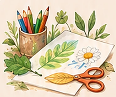 Buntstifte, Schere und ein gemaltes Blatt