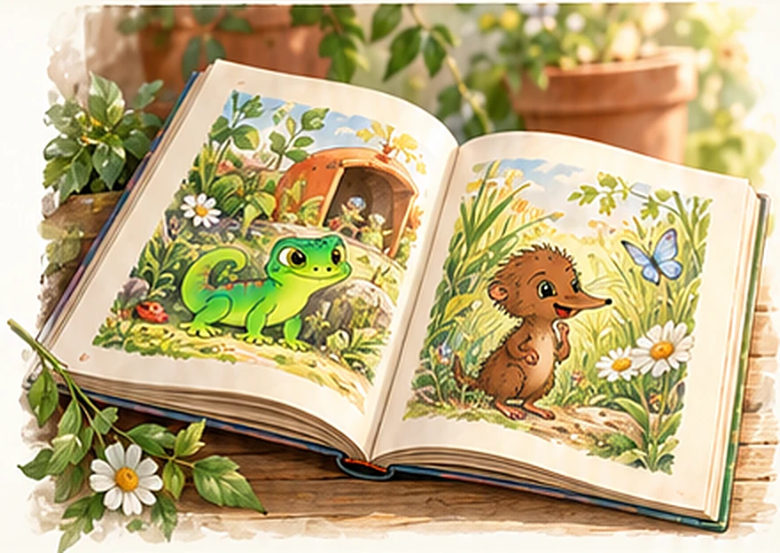 Aufgeschlagenes Bilderbuch mit Gecko Paul und Marie im Garten