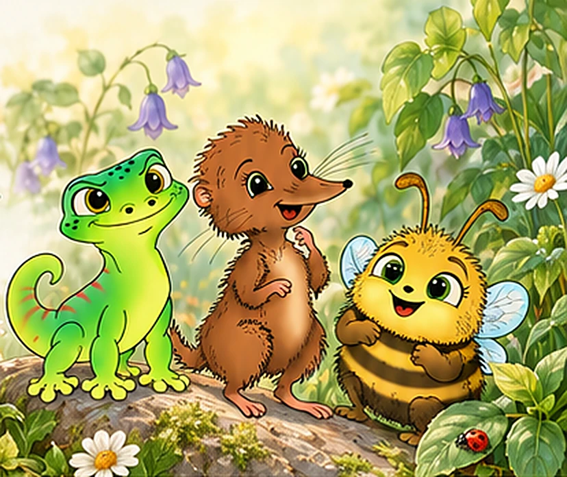 Gecko Paul, die Spitzmaus Marie und die Hummel Bruno stehen gemeinsam im Garten