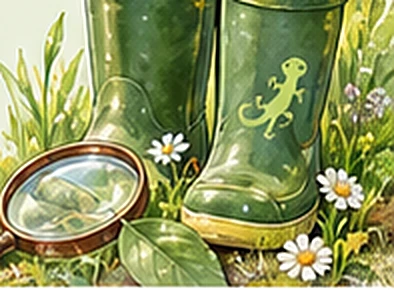 Grüne Gummistiefel mit Gecko-Motiv und eine Lupe im Gras