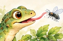 Ein Gecko fängt mit der Zunge eine Fliege