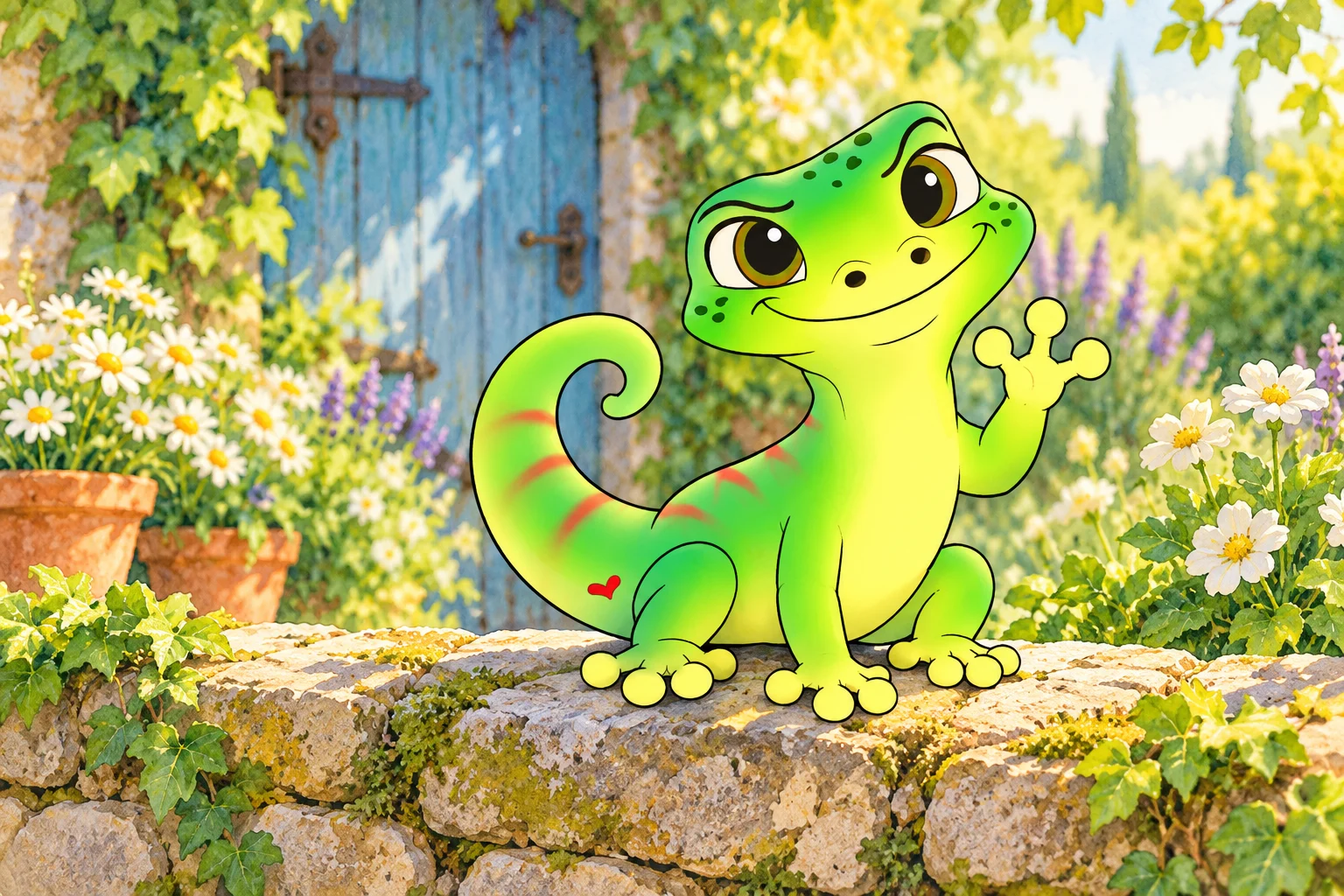 Gecko Paul sitzt auf einer Gartenmauer und winkt