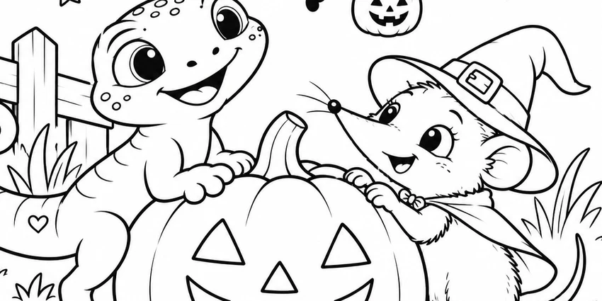 Ausmalbild: Paul und Marie mit einem Halloween-Kürbis