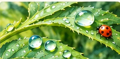 Wassertropfen und ein Marienkäfer auf einem Blatt