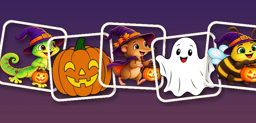 Halloween-Memory-Karten mit Paul, Kürbis, Marie, Gespenst und Bruno