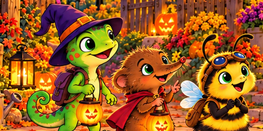 Paul, Marie und Bruno verkleidet an Halloween